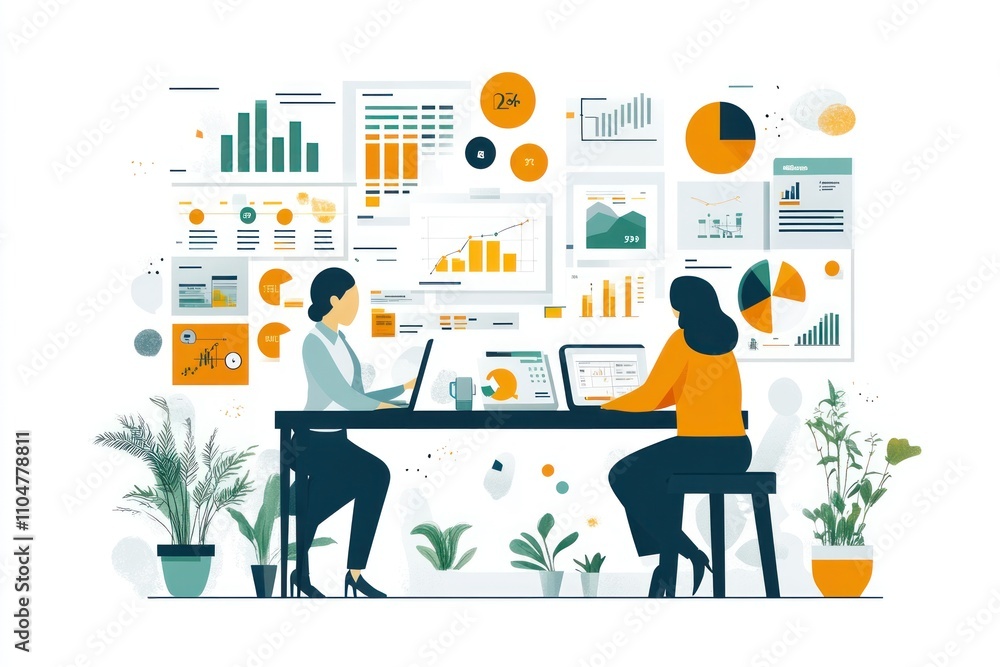 Aufkleber two women are working on laptops at a desk surrounded by charts, graphs, and data visualizations, su