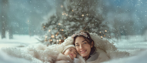 Obraz premium Joyful moments in a winter wonderland with a mother and child embracing warmth by a snow-covered Christmas tree