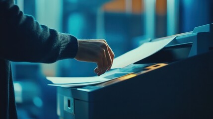 A close-up shot of hands using a photocopier to scan documents in a modern office, captured