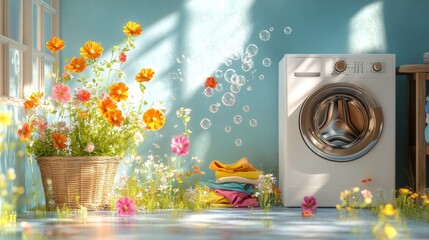 Obraz premium In a light blue laundry room, beautiful flowers overflow from the open washing machine, and soap foam floats in the air. There is a laundry basket filled with colorful clothes on a nearby wooden table