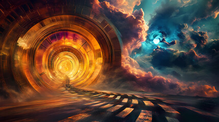 Conveying time-bending travel: vibrant visuals of temporal shifts. Temporal. Illustration