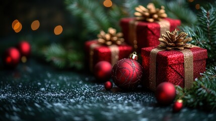 Beautifully Wrapped Christmas Presents with Pine Cones and Ornaments on Green Background for Holiday Celebrations and Festive Decorations