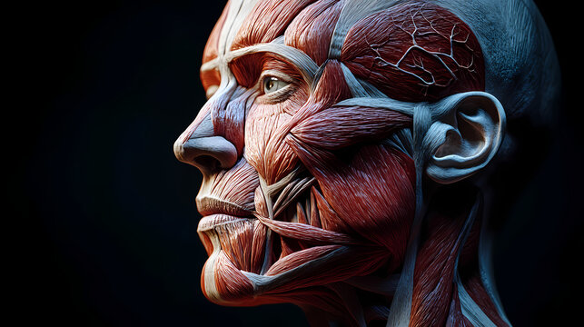Detailed 3d rendering of human anatomy focusing on facial muscles, bones, and connective tissues with dark background. Temporal. Illustration
