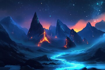 Fototapeta premium Volcanic Peaks and Frozen River: A Nighttime Fantasy Landscape with Glowing Lava and Starry Sky, 