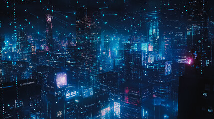 Obraz premium Smart digital city with connection cyber security network reciprocity over the twilight cityscape.future wireless digital city and social media networking systems that connects people within the city