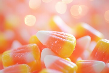 A close-up shot of candy corn, a popular Halloween treat.
