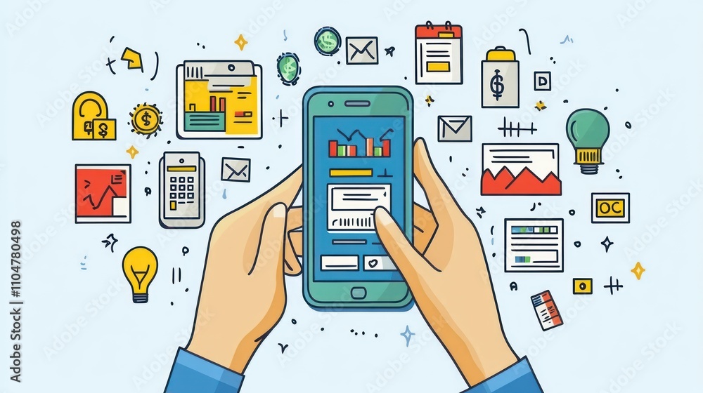 Aufkleber hands holding a smartphone with a chart and other icons representing business concepts.