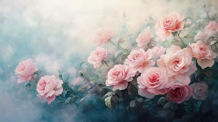 A serene painting of pink roses against a soft, dreamy background.