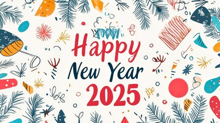 Festive Hand-Drawn Typography for Happy New Year 2025 Celebration with Fun Party Elements