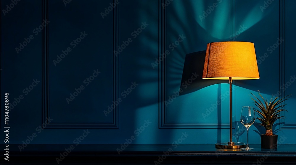 Poster illuminated table lamp casting shadows on a teal wall.