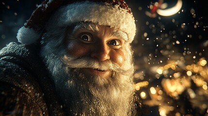 Close-up portrait of Santa Claus, joyful expression, snowy night background.
