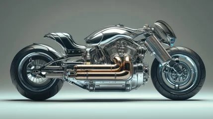 Chrome custom motorcycle with exposed engine, side view, studio shot.