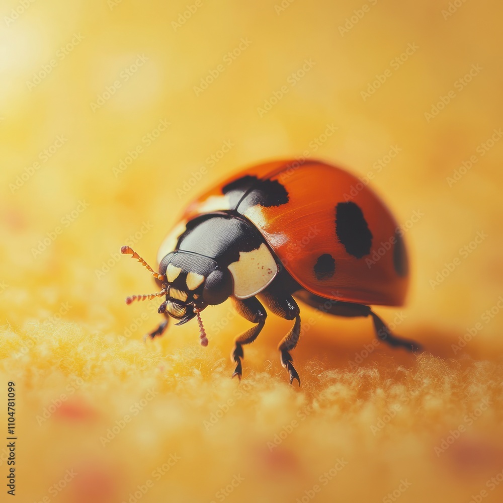Poster a close-up of a ladybug with red shell and black spots on a yellow surface.