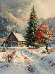 Snow-covered cabin in a serene winter landscape with mountains and trees at dusk