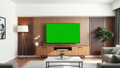 A modern living room with a wooden accent wall, featuring a TV with a green screen, a minimalist white and wood TV unit, a cozy sofa, a coffee table, plants, and soft natural lighting