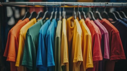 Fototapeta premium Colorful T-shirts on Metal Racks - Sustainable Fashion Exhibition