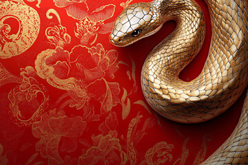 Fototapeta premium A photorealistic image of a golden snake coiled elegantly against a rich red background, ideal for Chinese New Year celebrations, symbolizing prosperity and elegance.