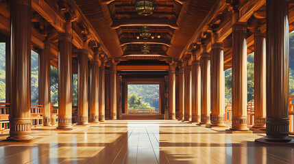An elegant perspective of a temple interior highlighting intricate wooden columns and traditional decor, embodying a rich cultural heritage and architectural craftsmanship. Temporal. Illustration