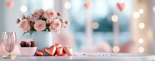 A romantic Valentine's Day display with pink roses, chocolates, and decorative hearts.