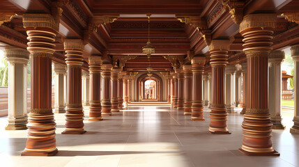 An elegant perspective of a temple interior highlighting intricate wooden columns and traditional decor, embodying a rich cultural heritage and architectural craftsmanship. Temporal. Illustration