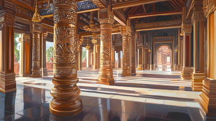 An elegant perspective of a temple interior highlighting intricate wooden columns and traditional decor, embodying a rich cultural heritage and architectural craftsmanship. Temporal. Illustration