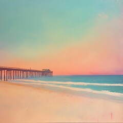 Serene Beachscape with Distant Pier and Sunset Sky.