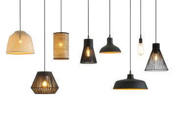 Set of different modern hanging lamps on white background. 