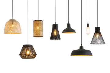 Set of different modern hanging lamps on white background. 