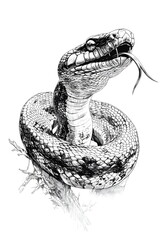 Fototapeta premium Pencil black and white drawing, simple art sketch, illustration. Close up of snake head isolated on white background. Copy space. Monochrome