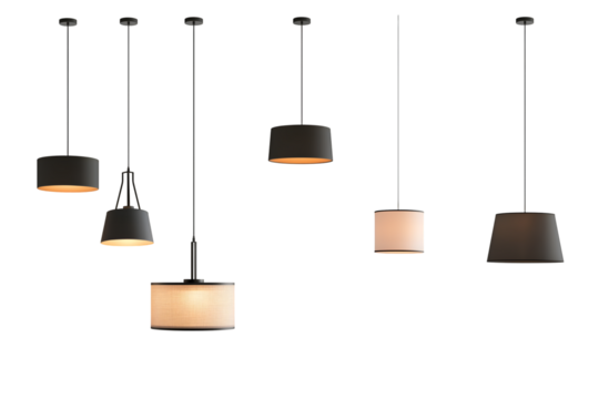 Set of different modern hanging lamps on white background. 