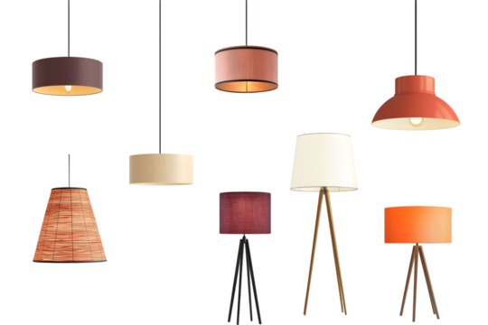 Set of different modern hanging lamps on white background. 