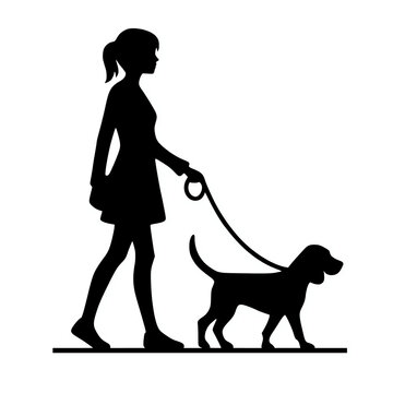recommend clip art: A woman walking a beagle dog with leash on hand black silhouette vector illustration