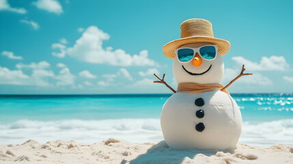 Holiday background. View of snowman in summer hat and sunglasses on tropical beach on ocean shore, with copy space. Christmas and New Year in tropics