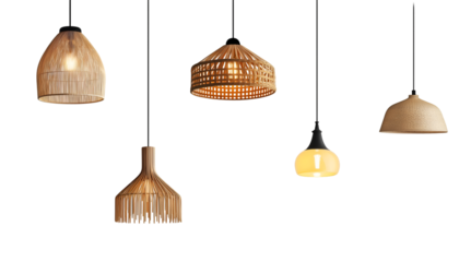 Set of different modern hanging lamps on white background. 