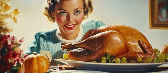 A Retro Thanksgiving Feast: A woman's smile graces a perfectly roasted turkey.
