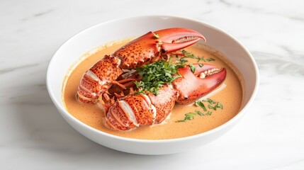 Sumptuous Lobster Bisque - Detailed Close-Up of Creamy, Rich Soup with Herb Garnish | Culinary Delight Photo
