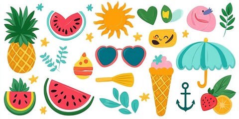 Summer Icons Collection with Watermelon, Ice Cream, Sunglasses, Pineapple, and Beach Umbrella