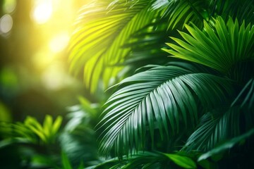 Fototapeta premium Lush Green Tropical Palm Leaves in Dense Forest with Soft Sunlight