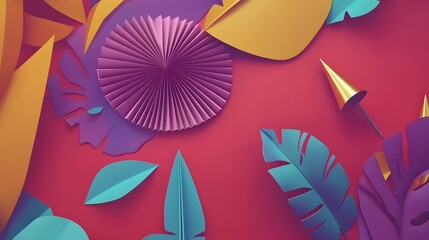 Colorful paper cutouts of tropical leaves and fans on a crimson background.