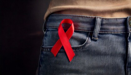 generative AI. Red ribbon symbol aids attached to jeans. below the navel. World Aids Day concept.