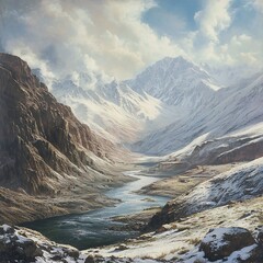 Snowy Mountain Valley with Winding River and Ancient Ruins.