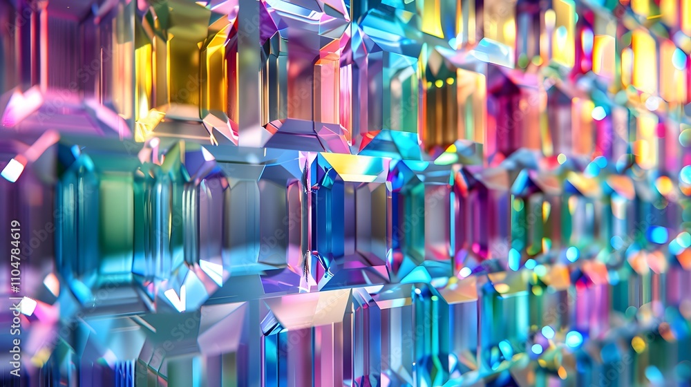 Poster colorful, vibrant, iridescent, gemstone-like, rectangular shapes in a repeating pattern, creating an