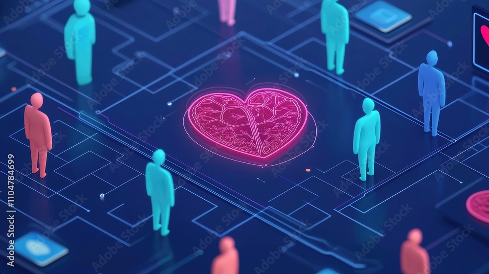 Poster a vibrant digital scene depicting abstract figures surrounding a glowing heart, symbolizing connecti