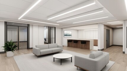 Fototapeta premium A modern office lounge featuring light-colored furniture, a coffee table, and large windows, promoting a bright and welcoming atmosphere.