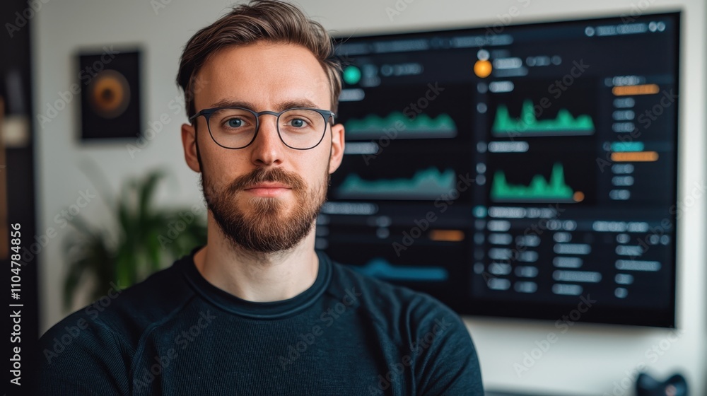 Poster a focused individual stands in front of a screen displaying analytics and data visualizations, sugge