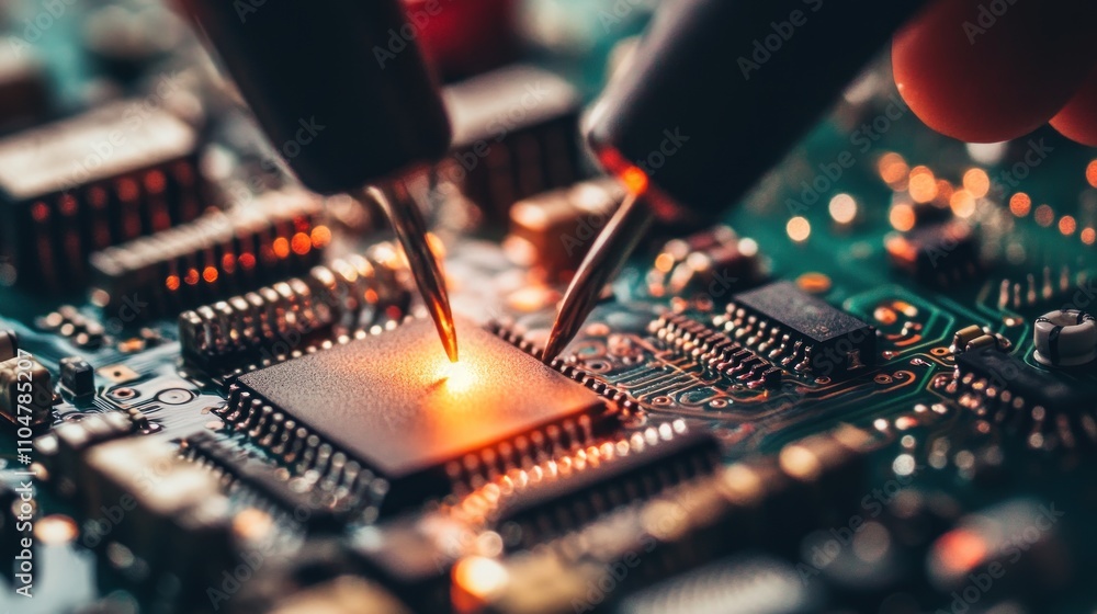 Poster close-up of hands soldering a microchip onto a circuit board.