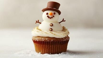 christmas cupcake with snowman icing frosting, white background food dessert photography	