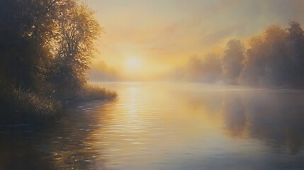 Fototapeta premium Early morning sky with mist rising from a calm river, the soft sun rays illuminating the mist