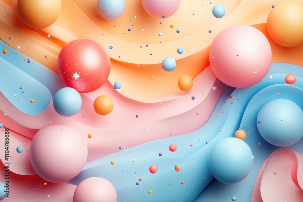 Poster abstract 3d background with colorful spheres and wavy textures.
