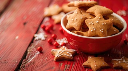 Fototapeta premium Christmas cookies in star-shaped bowl on red wooden background